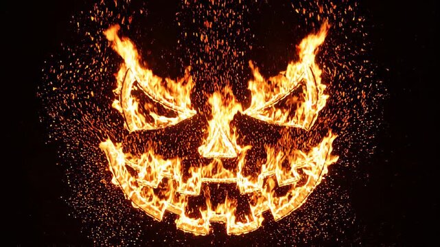 Jack-o'-lantern face made of bright orange fire flames against black background, lock down