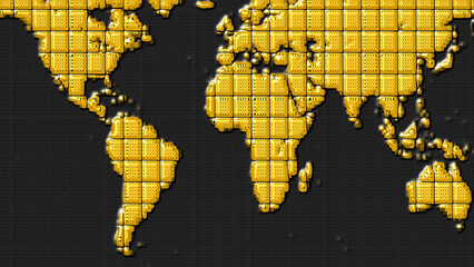 Golden World Map Made of Textured Cubes on Dark Gray Background globe earth © Surjomukhi
