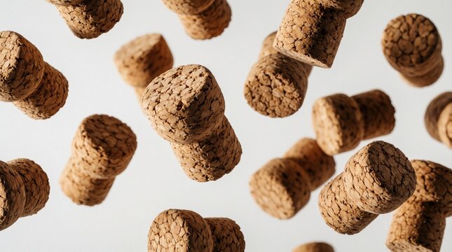 Multiple brown cork stoppers fly in mid air against white background. Natural wine corks float with motion blur in studio. Organic material objects suspended in space for drink industry design