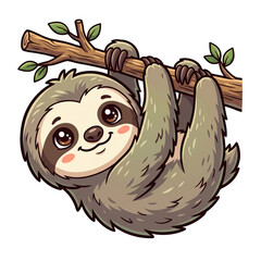 Obraz premium Cute Sloth Hanging on Tree Branch: A charming and adorable cartoon sloth hangs effortlessly from a sturdy tree branch, its gentle smile conveying a sense of calm and contentment.
