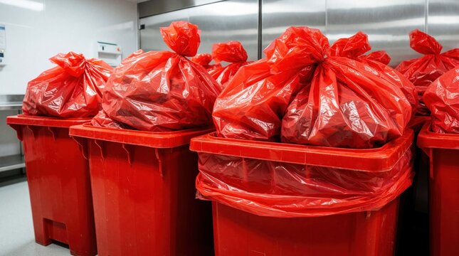 Red biohazard bags filled with infectious medical waste sit in plastic bins. Clinical waste disposal in hospital setting. Hazardous materials stored in red containers for safe removal. Healthcare