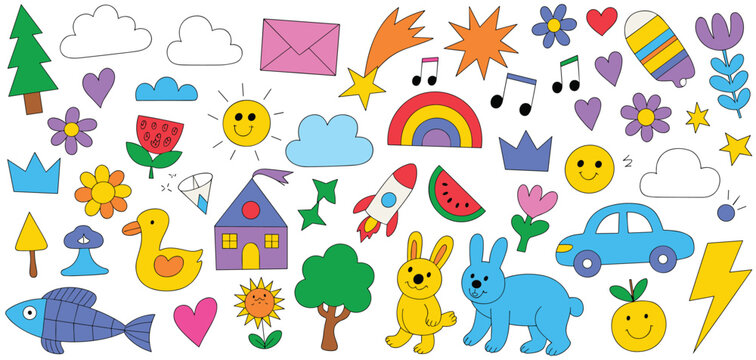 Hand-drawn doodle sticker set with colorful including animals, nature smiley faces, rainbow, rocket, car, and house on a white background