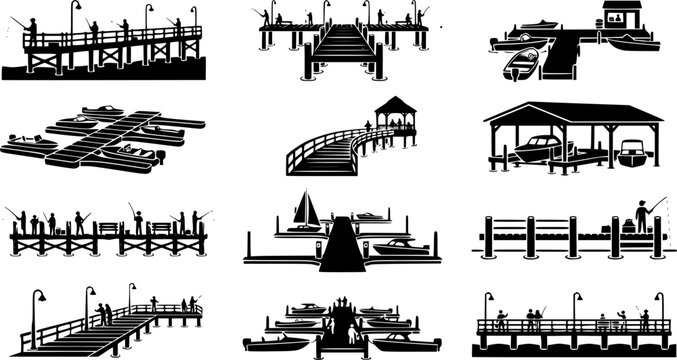 Fishing Pier & Boat Dock Silhouette Icon Set. Collection of lifestyle & everyday silhouettes, including fishing pier & boat dock, detailed beach and vacation shapes, and more.