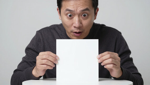Asian man with shocked expression holding blank white mockup card