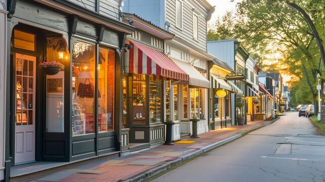 Charming small town boutique storefronts with striped awnings and warm evening shopping district