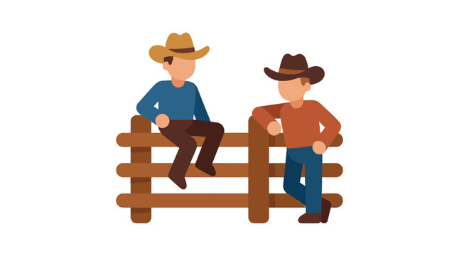 Two cowboys lean against a wooden fence in a vector illustration