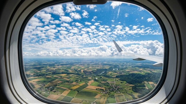Plane window frames a vast blue sky. White clouds drift above green, patchy farmland. Wing extends outward, cutting through the air. Below, villages and fields stretch to distant horizons