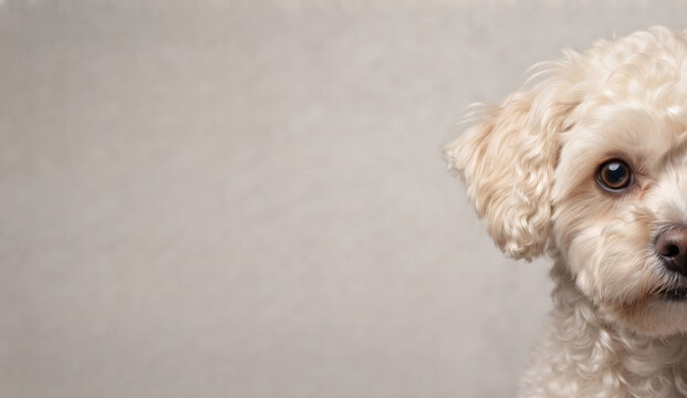 Maltipoo dog looking at camera from edge of frame against a neutral beige background, showing a small fluffy pet portrait with copy space for veterinary and pet care advertising use