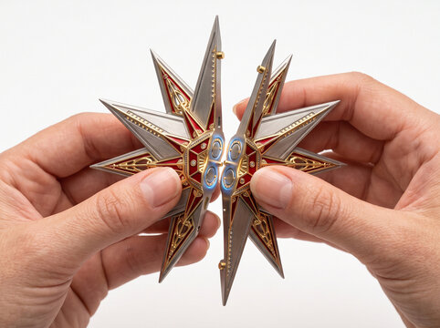 Hands holding a futuristic metallic star artifact