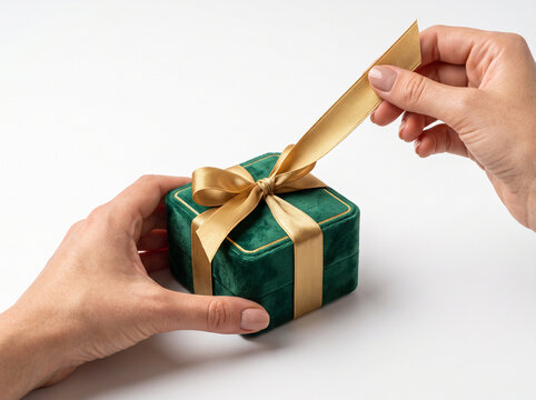 Woman opening a luxury green velvet gift box