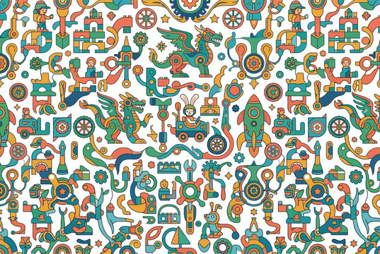 Seamless pattern with mechanical dragons and steampunk elements.