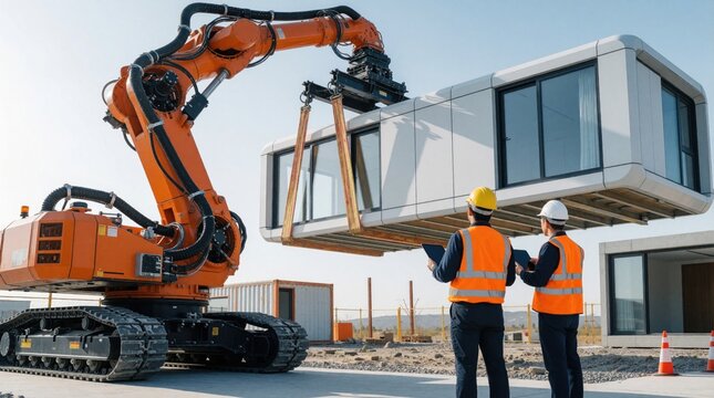 Industrial robotic arm lifts large modular house unit at prefab construction site. Two engineers in orange vests, hard hats supervise automated building process. Advanced tech machinery installs