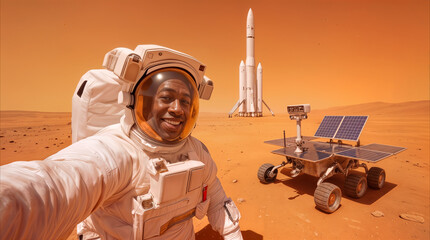 Fototapeta premium Black male astronaut taking selfie on Mars surface. Space explorer smiling with planetary rover and rocket on red desert background.