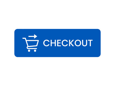 A blue checkout button featuring a shopping cart icon and white text for e-commerce website integration.