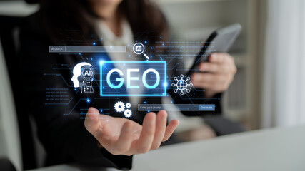 Fototapeta premium Digital marketing concept featuring GEO strategy. Generative AI search visual shows GEO interface integrating intelligence, logic, and AI input system for prompt tasks. Corpus