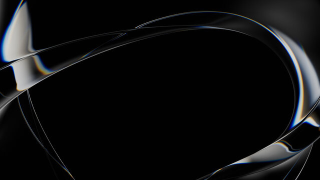 Abstract glass wave with chromatic aberration, transparent twisting ribbon on black background with copy space. 3d rendering illustration not AI