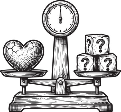 Conceptual illustration of a broken heart balanced against unknown question mark cubes on a scale life insurance