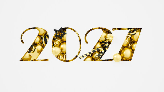 Minimalist New Year 2027 golden holiday decorations inside cutout numbers on white background. Elegant festive design for greetings, seasonal projects. 3d rendering illustration not AI