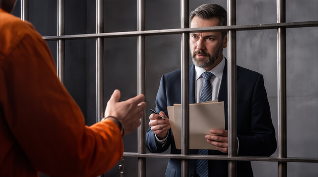 Legal counsel visiting inmate in correctional facility. Attorney holding documents while listening to prisoner behind steel bars during consultation.