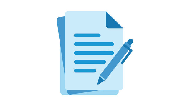 Blue vector document icon with pen and text lines representing business paper work contract
