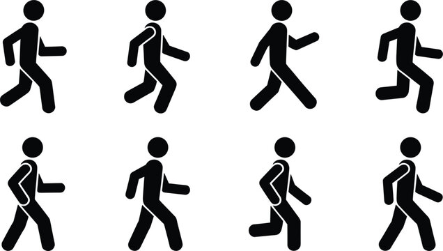 Stick figures in motion sequence during a walk cycle against a white background