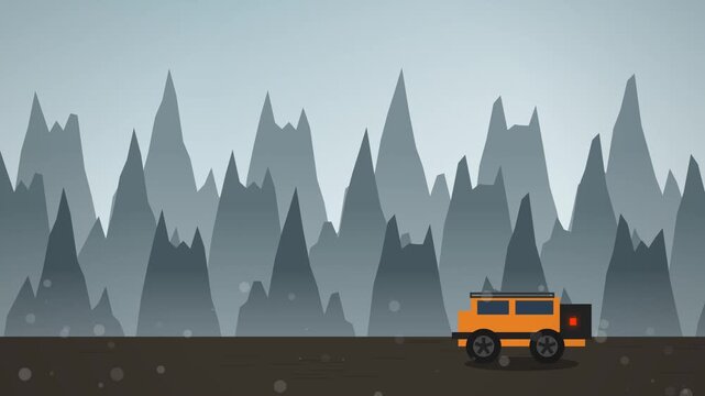 Stylized 2D animation of an orange off road truck traveling through sharp mountain peaks