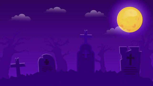 spooky scary night flat design purple color tone with bat, jack lantern and moon background. seamless looping time-lapse.