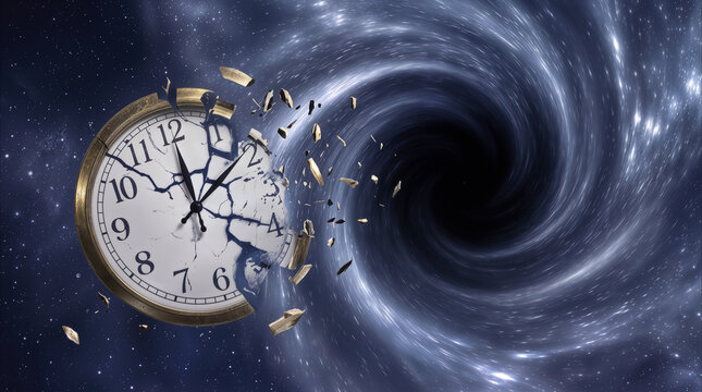 Pocket watch shattering and dissolving into cosmic black hole. Concept of time dilation, physics, and space-time continuum in deep space.