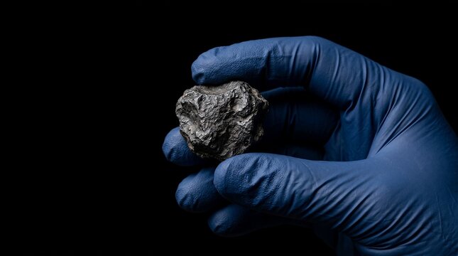 Hand in blue gloves holds rough, dark meteorite. Black background emphasizes the stone's rugged texture. Gloved hand suggests careful handling or scientific study. Ideal for space, geology