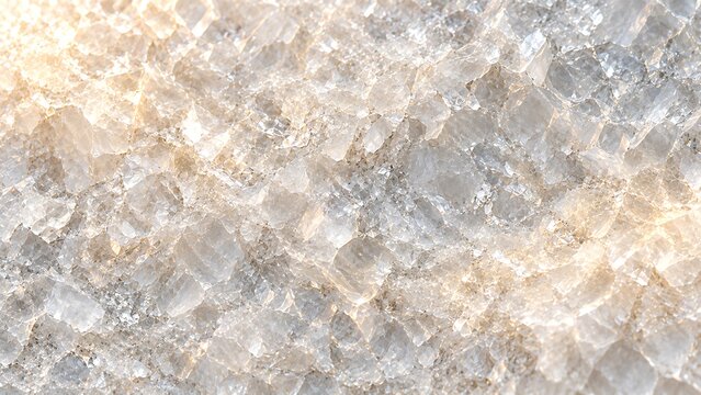 Close-up view of a shimmering, translucent mineral surface with intricate crystalline textures and subtle variations in white, grey, and golden hues.