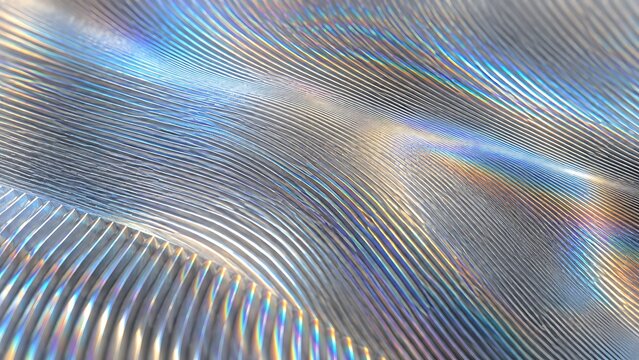 Abstract textured surface with iridescent light reflections creating a wavy, ridged pattern.