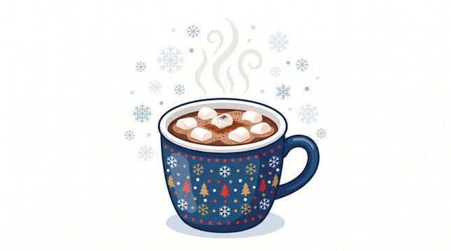Hot chocolate mug filled with mini marshmallows and decorated with festive winter patterns against white background.