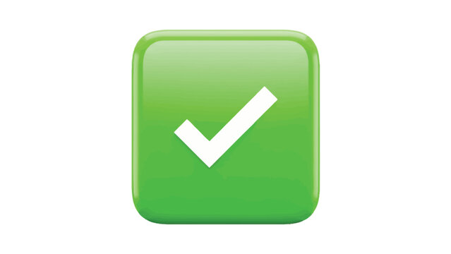 Glossy green checkmark icon rendered with bright lighting and smooth rounded corners inside square shape