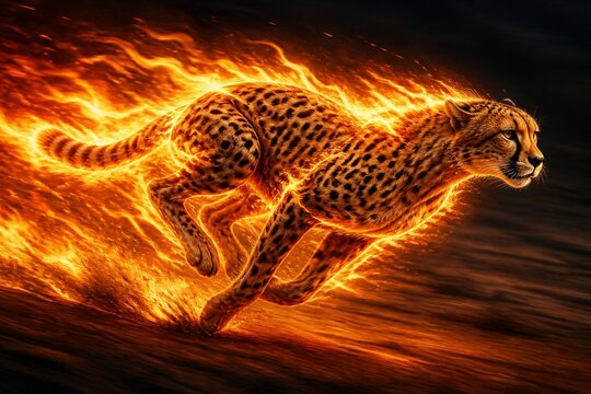 Cheetah running engulfed in flames across dark landscape