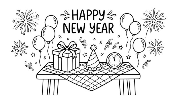 Hand drawn happy new year greeting scene with balloons gift box party hat and clock on checkered table for festive invitation and winter decor design.