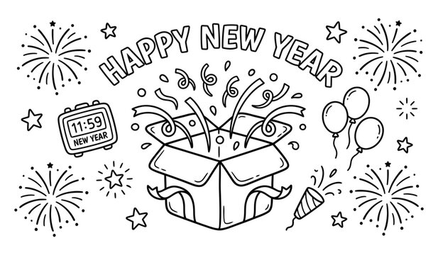 Festive Happy New Year doodle outline illustration with surprise gift box, exploding confetti, balloons, clock, and fireworks in black line art style.
