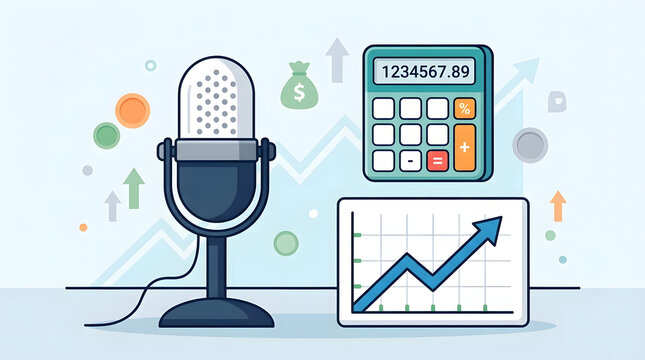 Business podcast equipment featuring microphone calculator and financial growth graph