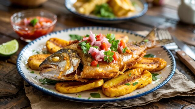 Guatemalan cuisine. Pescado frito con pl&aacute;tanos. Whole fish, fried until crispy, served with sweet fried plantains and fresh tomato salsa.