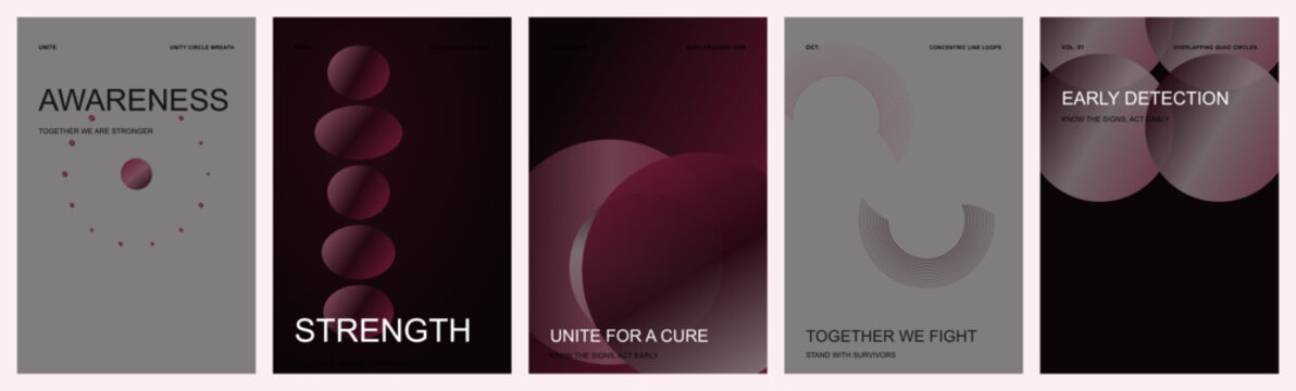 Breast cancer awareness poster template set. Features pink ribbons, circles, and medical typography. Modern gradient design for health campaign, charity event, and social movement.