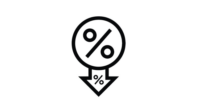 Black percentage symbol icon with downward arrow showing price reduction and financial savings concept
