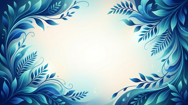 Blue Leaves and Foliage Background &ndash; Elegant Botanical Frame with Empty Center Copy Space