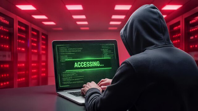 Cybersecurity hacker gaining unauthorized access in server room. Computer screen displaying access granted and file download status. Static wide shot.