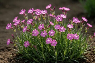 Fototapeta premium Maiden pink flowers bloom in garden. Small magenta blossoms grow on green stems in soil. Close up of bright spring plants in nature. Beautiful perennial flora creates colorful landscape for outdoor