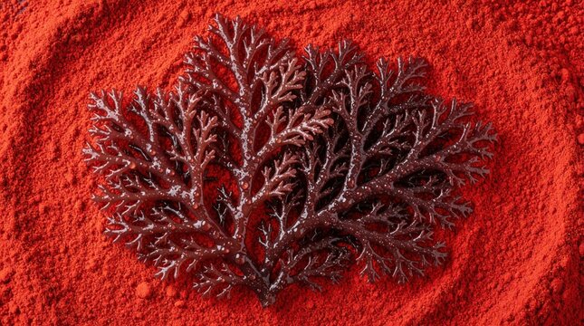 Fresh red algae seaweed lies on bright astaxanthin powder background. Macro shot of organic sea plant ingredient for cosmetic food use. Natural antioxidant extract source for skin care, wellness