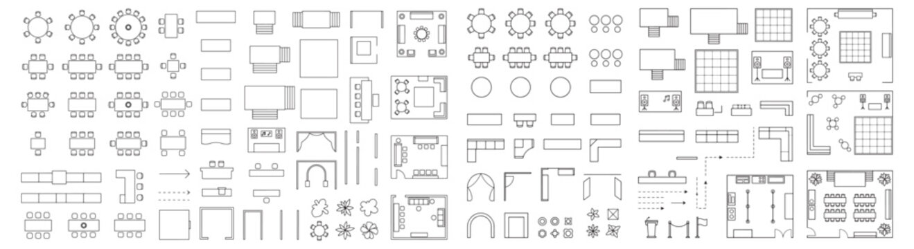 Event Floor Plan Symbol CAD Icon Set, Architectural Top View Furniture and Venue Layout Design Elements