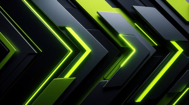 Abstract geometric background with neon lime green glowing lines. Dark grey metallic 3d arrow shapes create dynamic movement. Futuristic tech wallpaper for gaming, sports, automotive design. Modern