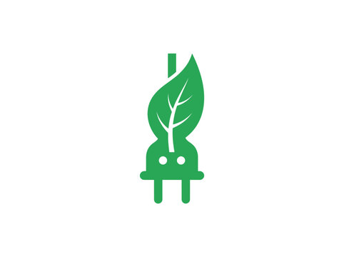 A green leaf grows from a plug symbol to emphasize eco-conscious electrical solutions in a minimalist vector style.