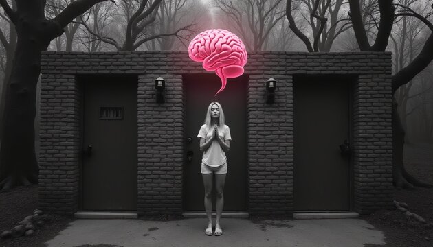 Woman with glowing brain in forest restroom setting