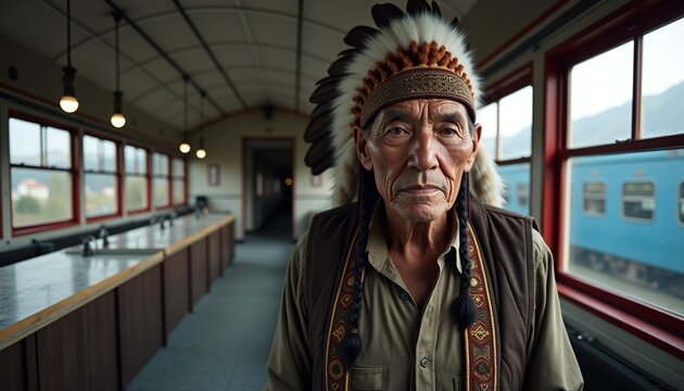 Elderly Native American Man in Vintage Train Car Interior
