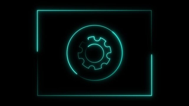 Gear icon animation rotates within a modern frame on dark. Automated mechanical settings route on gear icon animation. Industrial technology progress drives the gear icon.
